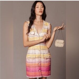New With Tag Anthropologie Pink and Yellow Sleeveless Tweed Minidress sz 4
